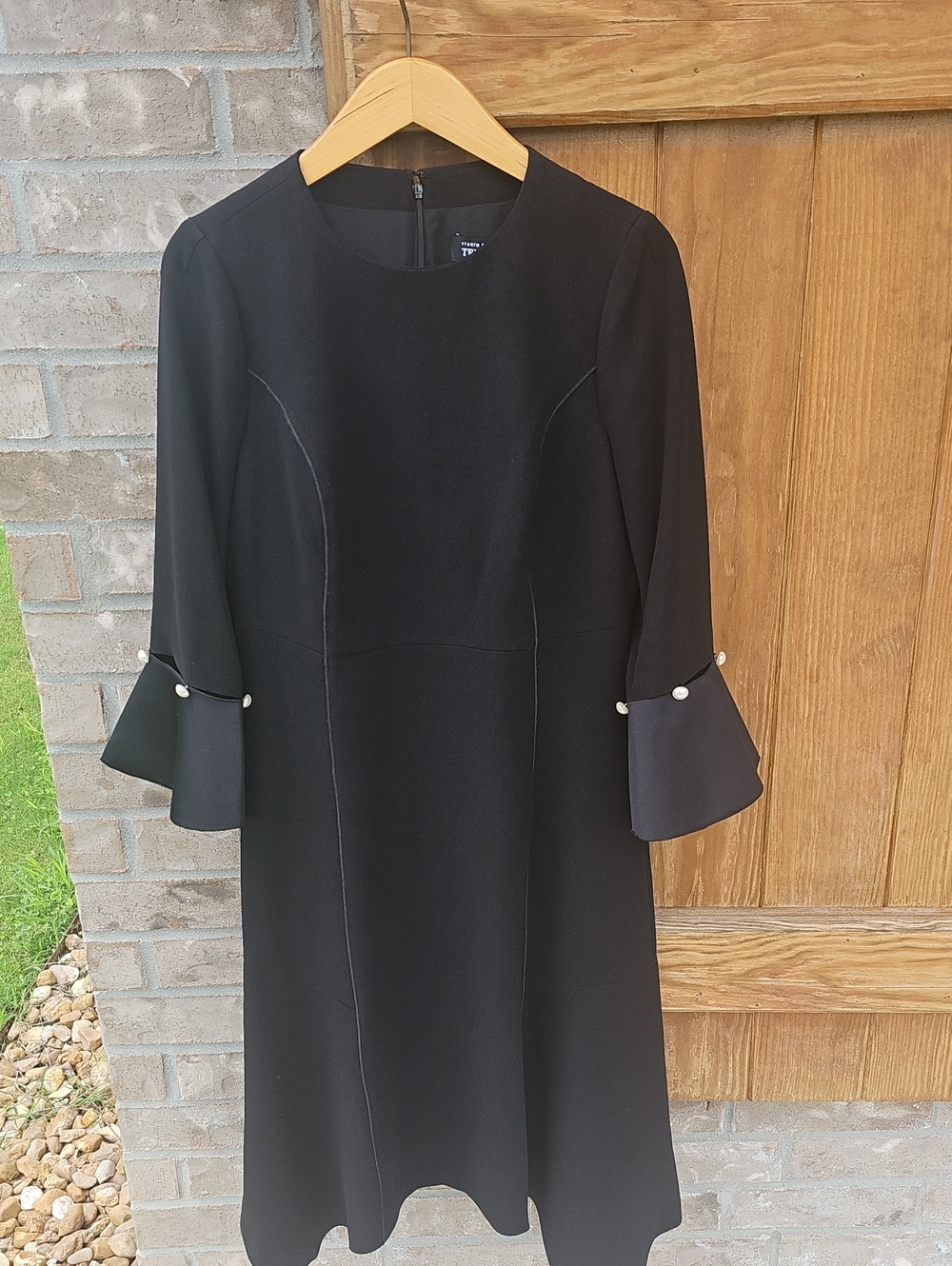 Teri Jon Black A-Line Dress with Pearl-Accent Bell Sleeves